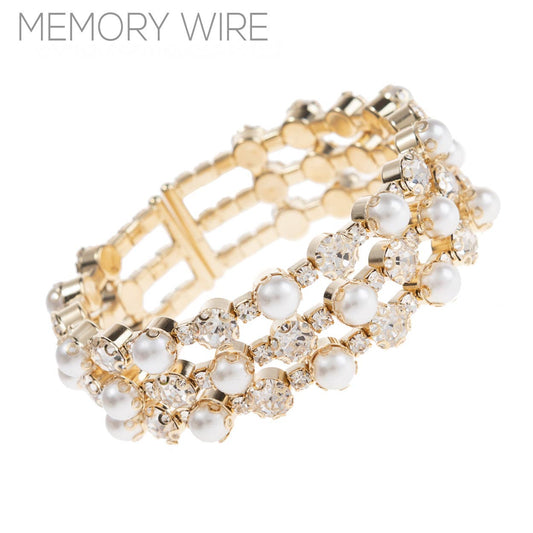 Crystal & Pearl Triple Line Bracelet: Gold or Silver