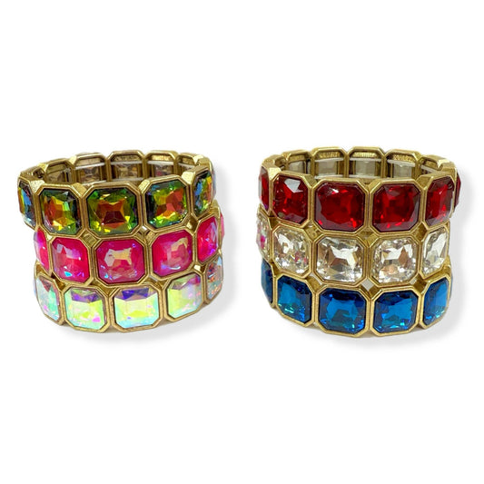 Square Crystal Stretch Bracelet with Antique Gold Edge