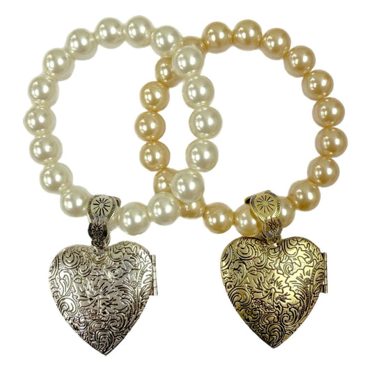 Heart Locket Charm on Crystal Pearl Stretch Bracelet