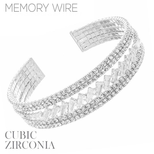 Cubic Zirconia Baguette 5 Line Memory Wire Bracelet